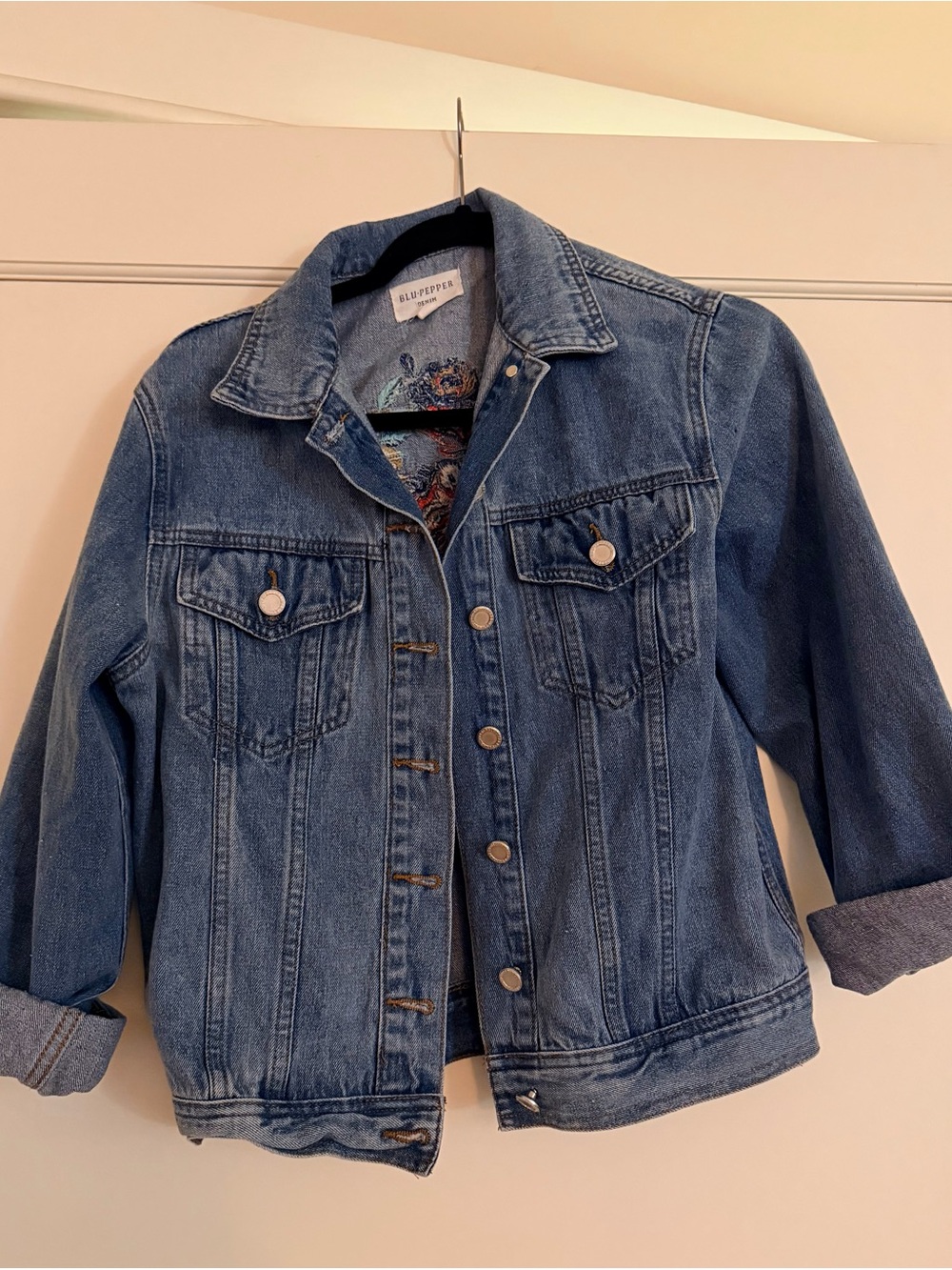 Blu Pepper Light Blue Denim Jacket with Multicolor Floral Embroidery - Picture 2 of 5
